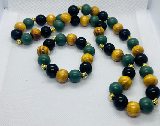 Hand-strung wooden bead necklace with matching stretch bracelet