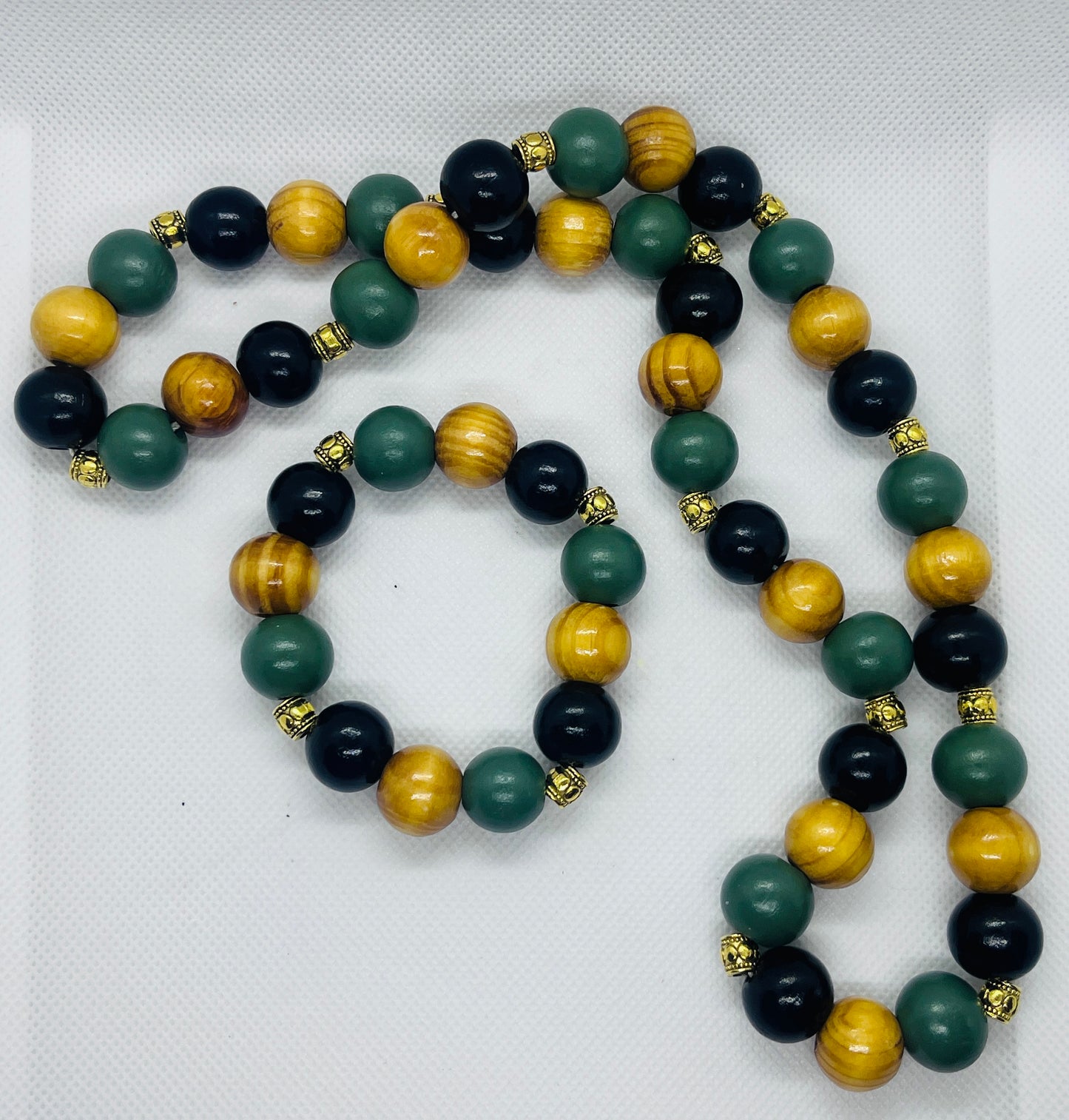 Hand-strung wooden bead necklace with matching stretch bracelet