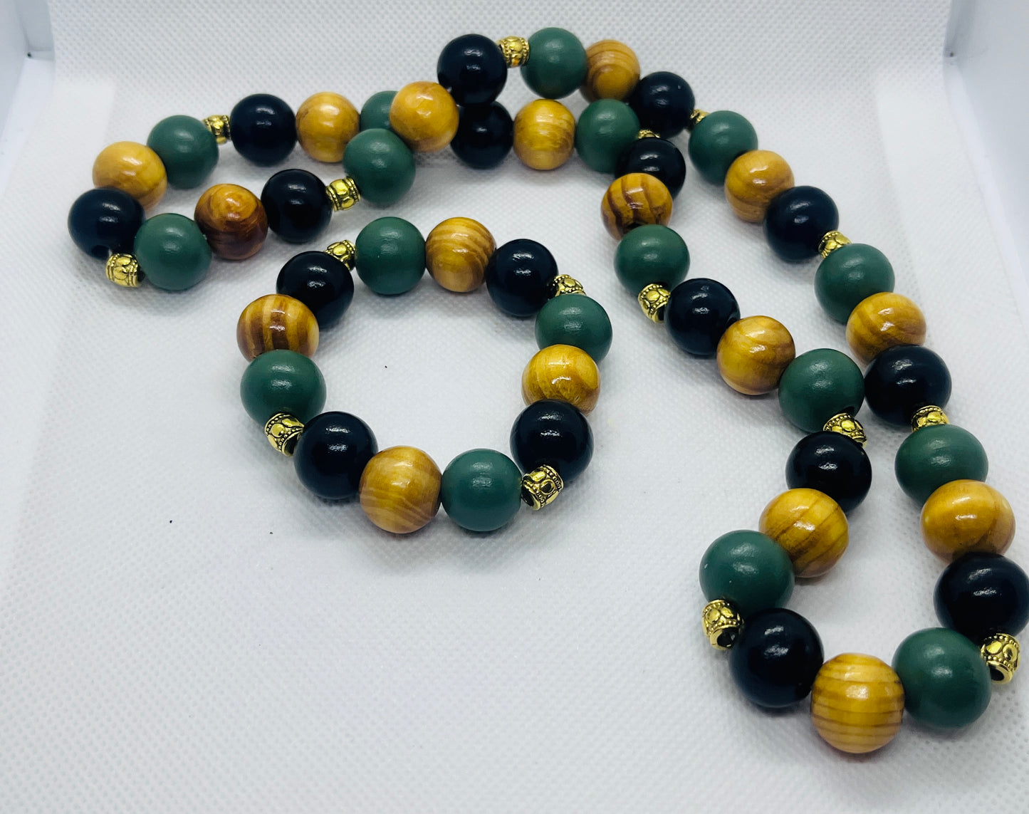 Hand-strung wooden bead necklace with matching stretch bracelet