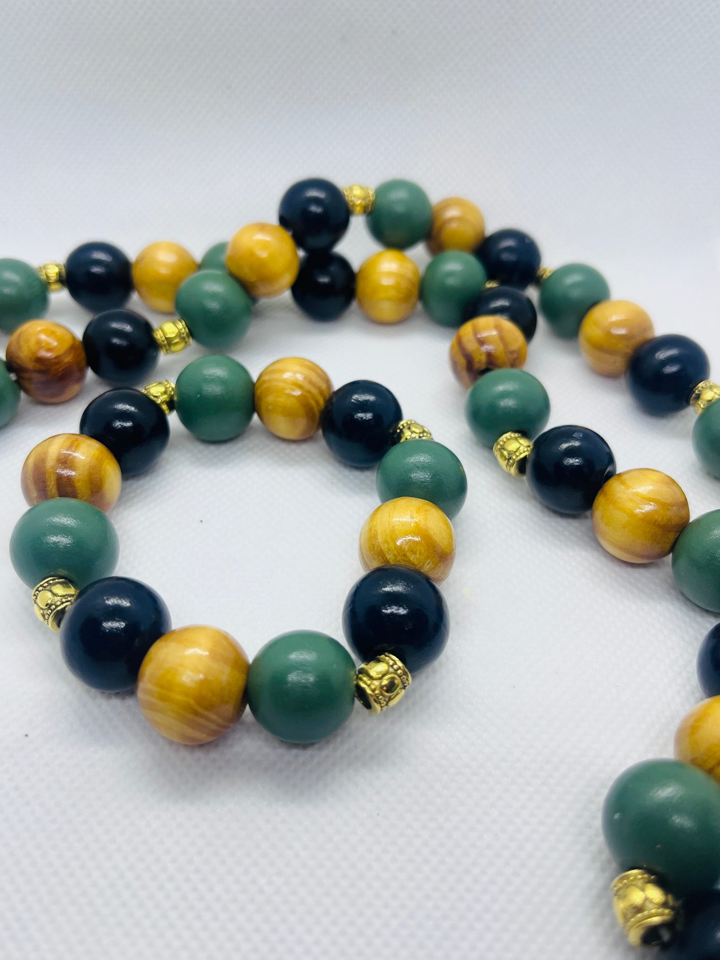 Hand-strung wooden bead necklace with matching stretch bracelet