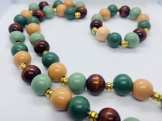 Sage & Natural Wood Bead Necklace and Bracelet Set
