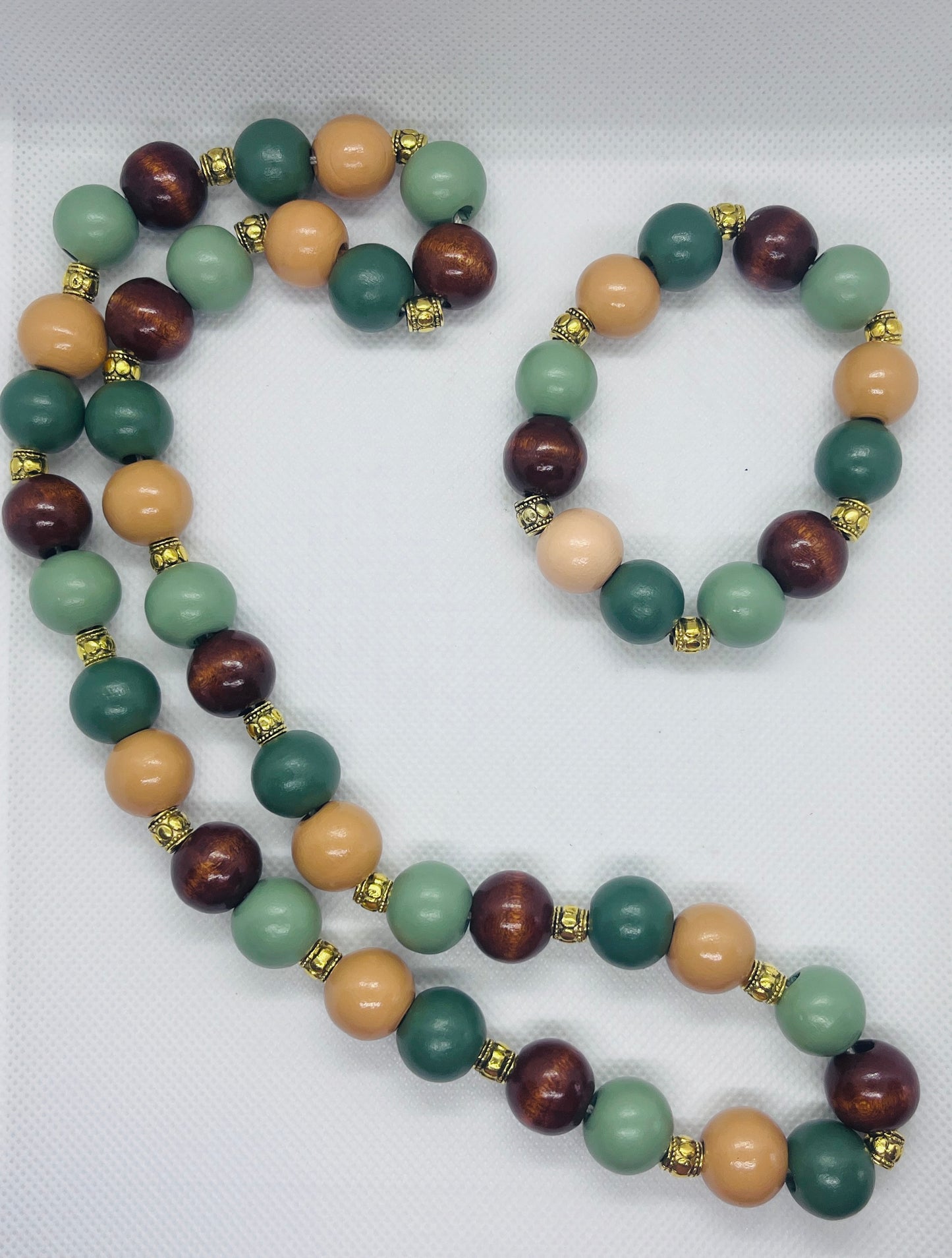 Sage & Natural Wood Bead Necklace and Bracelet Set
