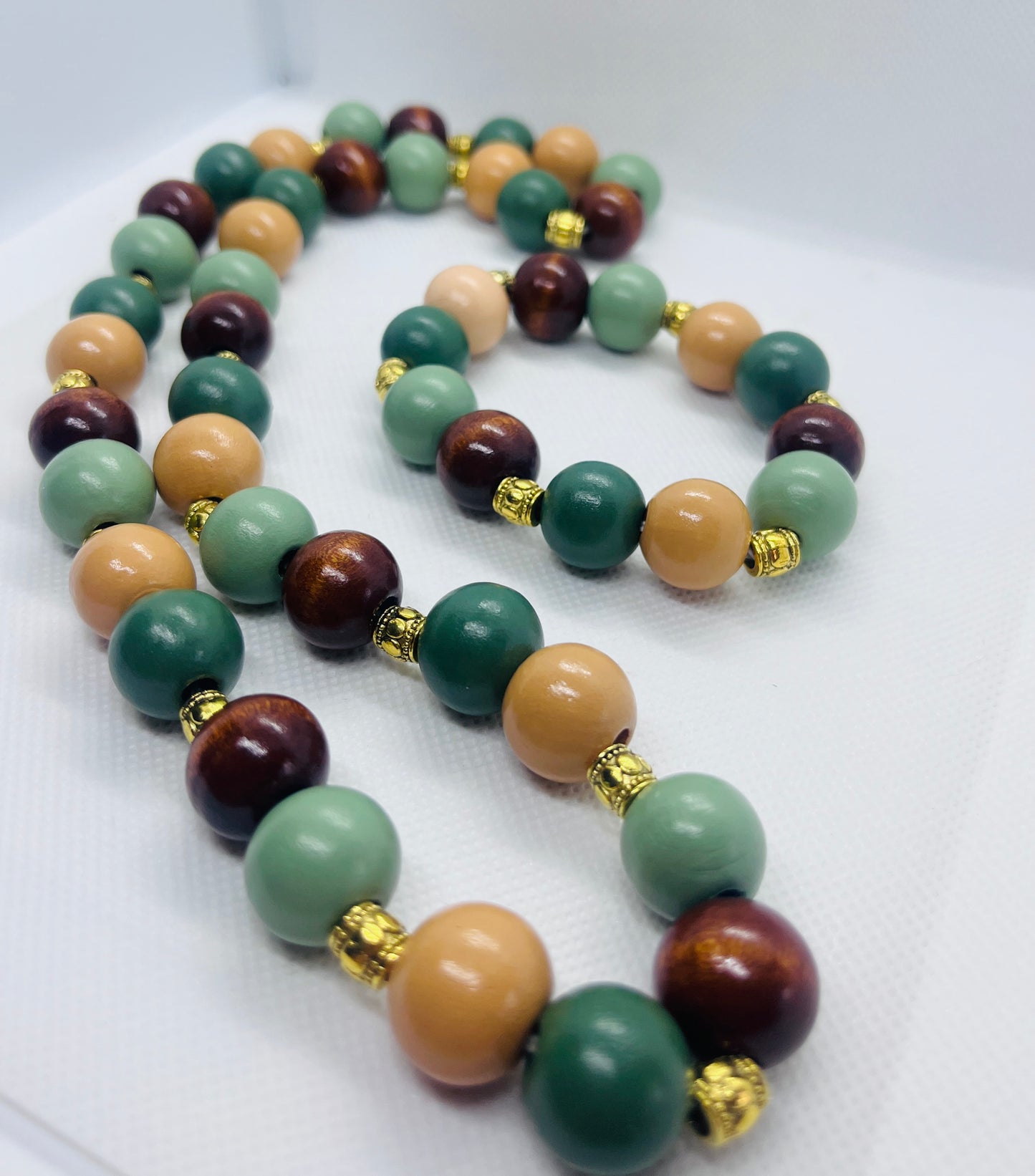Sage & Natural Wood Bead Necklace and Bracelet Set