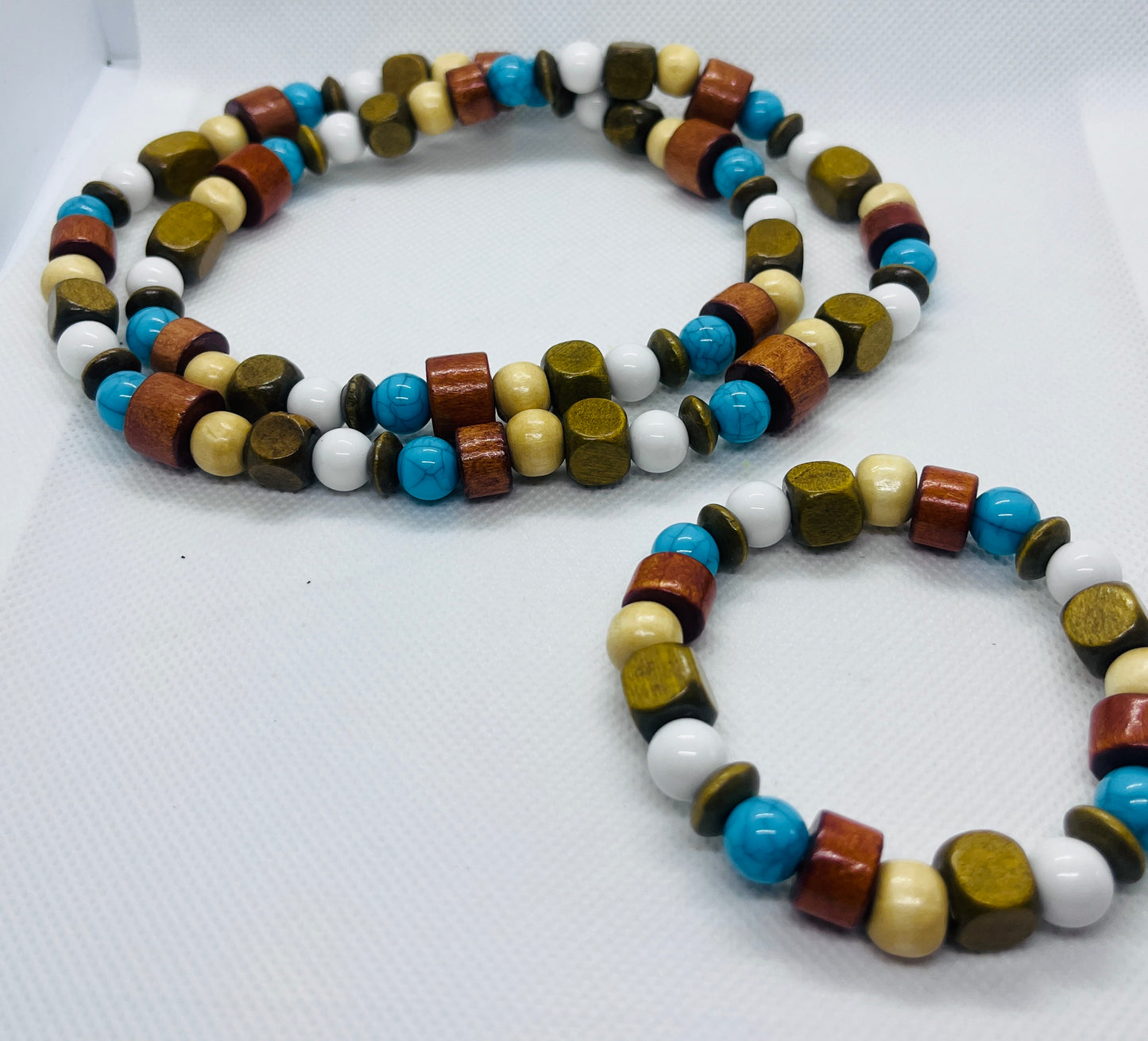 Rustic Turquoise & Earth Tone Wooden Bead Necklace and Bracelet Set