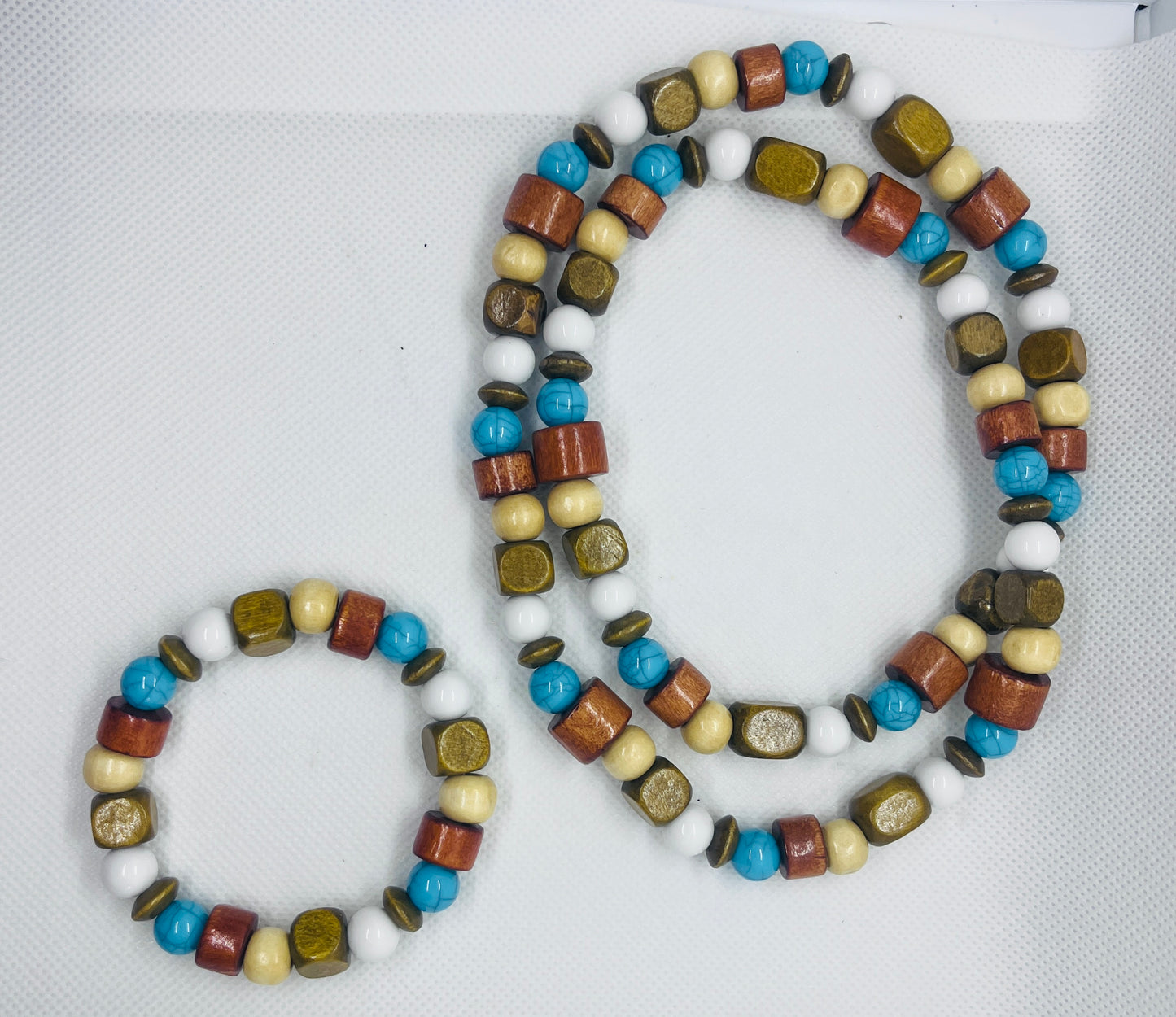 Rustic Turquoise & Earth Tone Wooden Bead Necklace and Bracelet Set