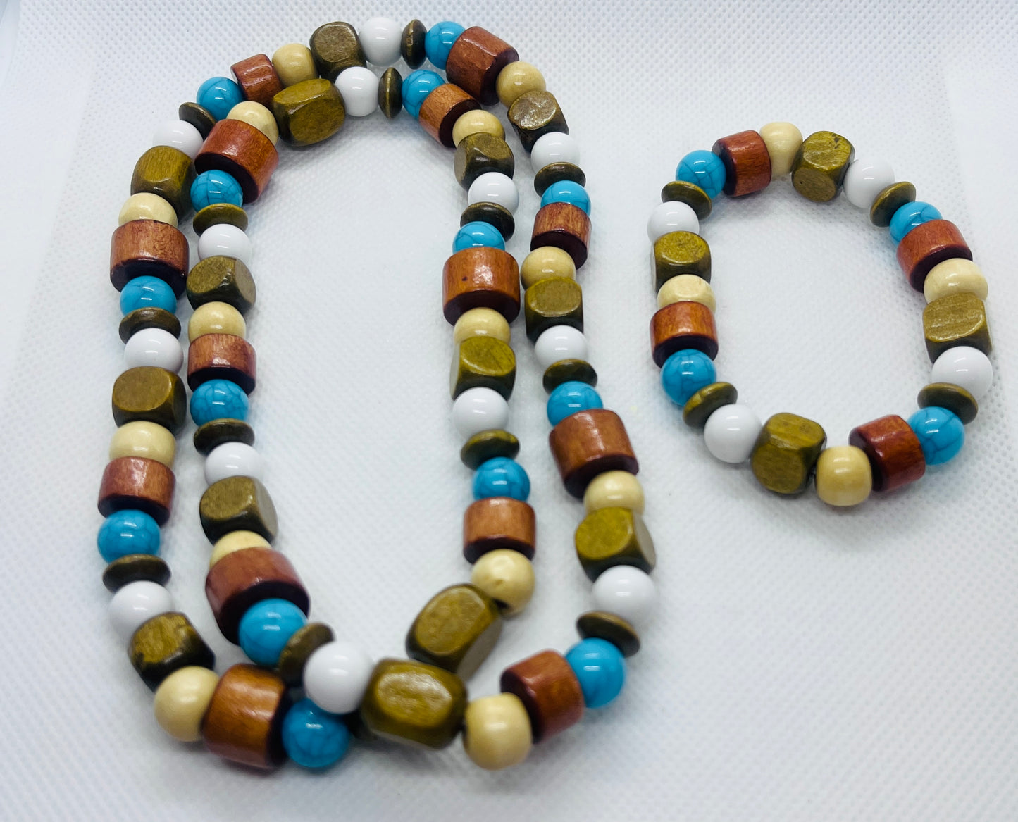 Rustic Turquoise & Earth Tone Wooden Bead Necklace and Bracelet Set