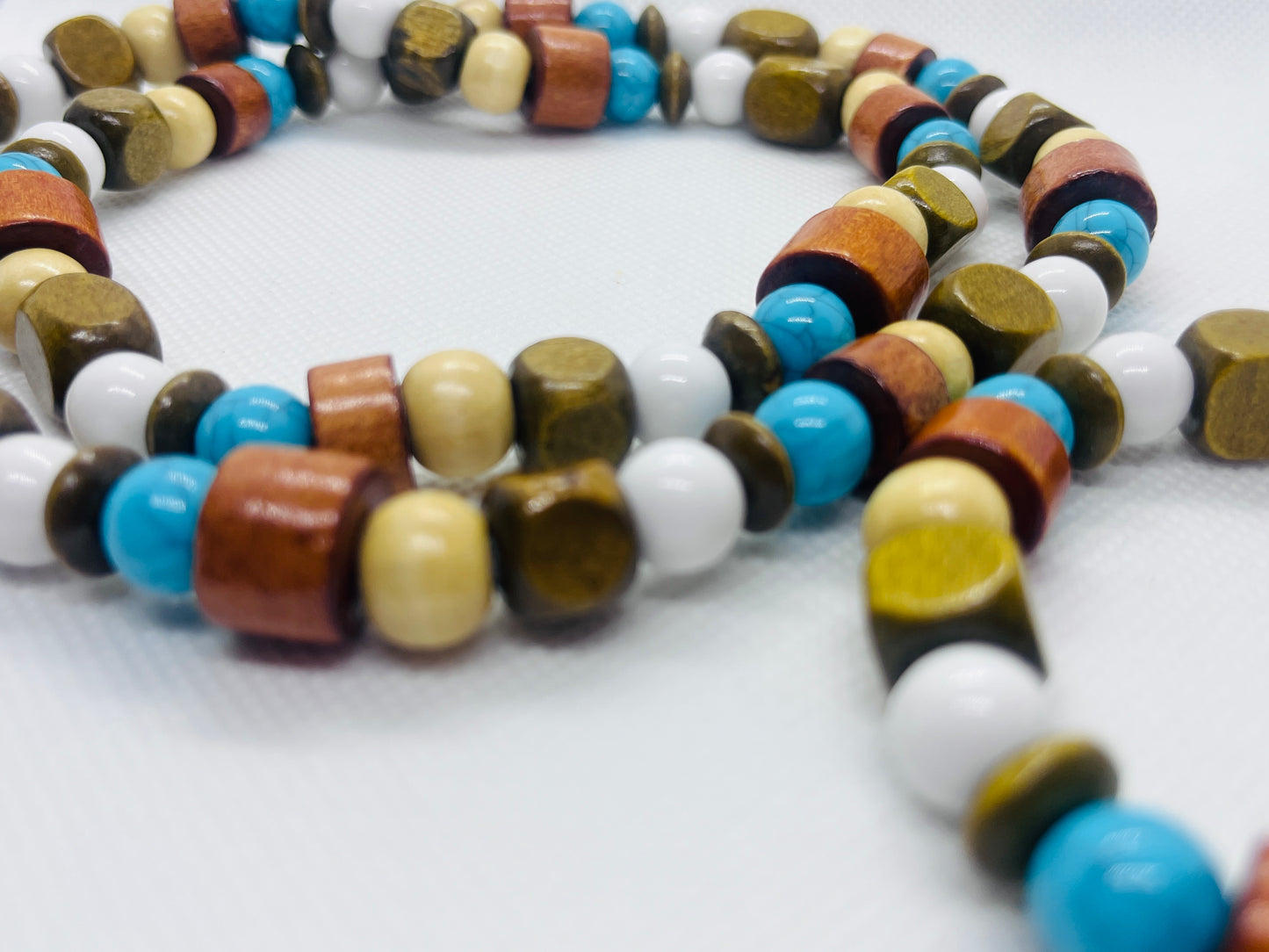 Rustic Turquoise & Earth Tone Wooden Bead Necklace and Bracelet Set