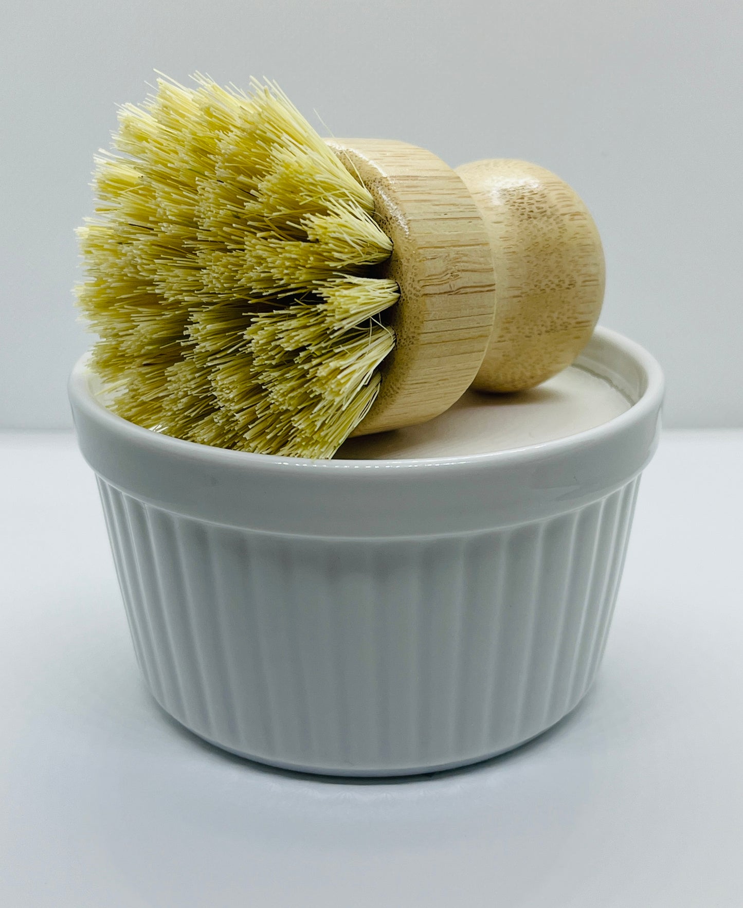 Kitchen Soap in White Ramekin and Bamboo Scrub Brush