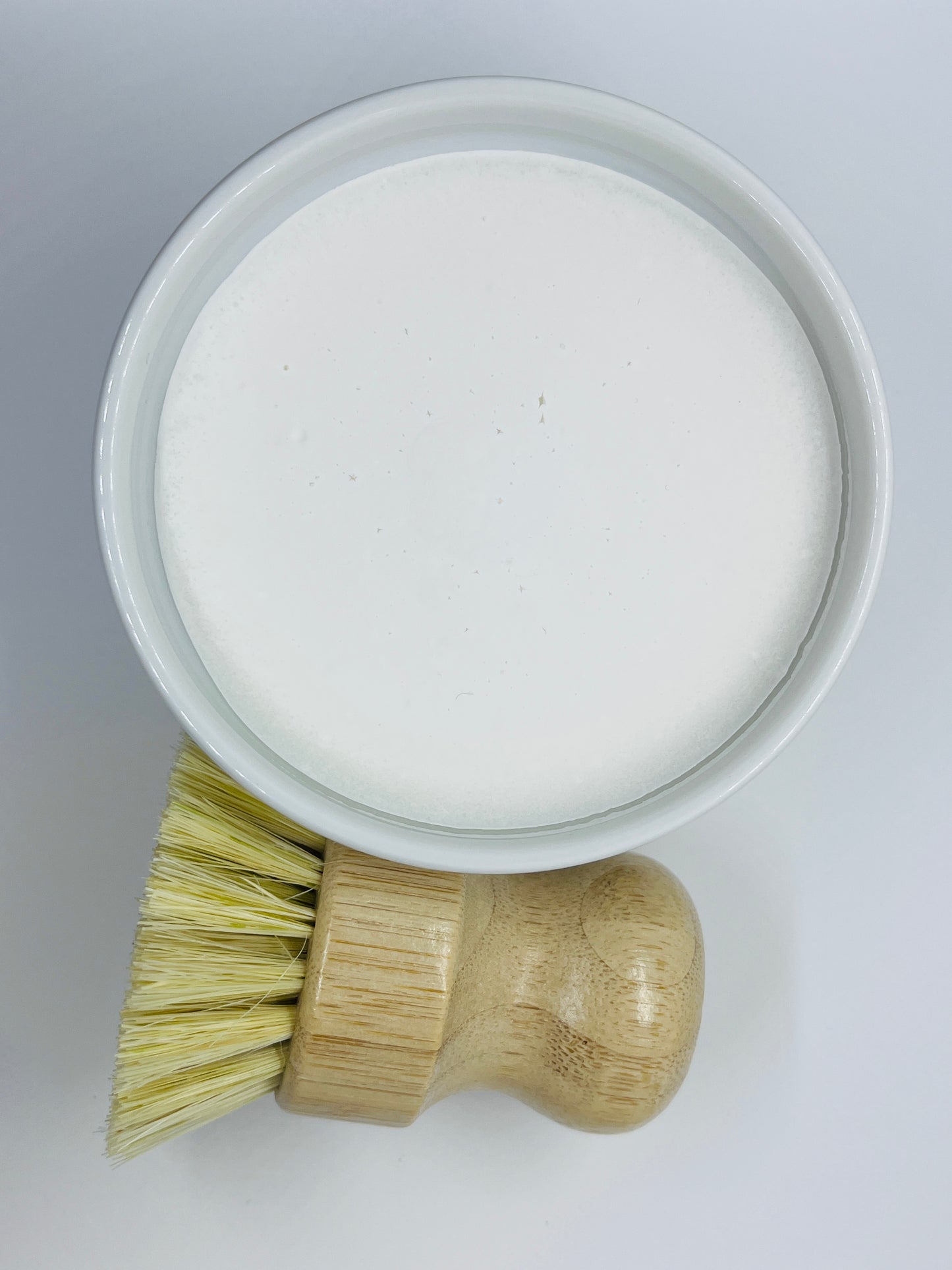 Kitchen Soap in White Ramekin and Bamboo Scrub Brush