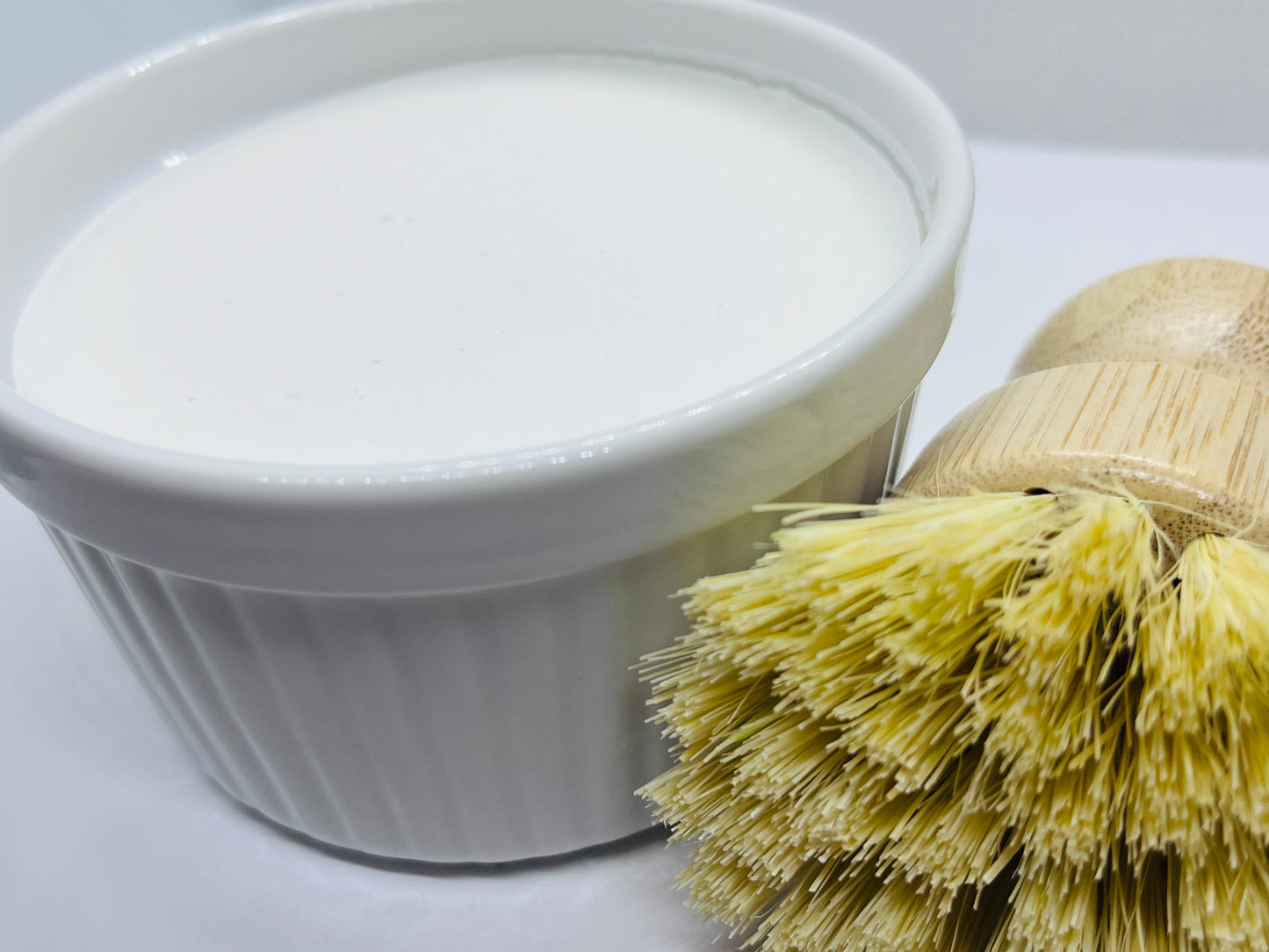 Kitchen Soap in White Ramekin and Bamboo Scrub Brush