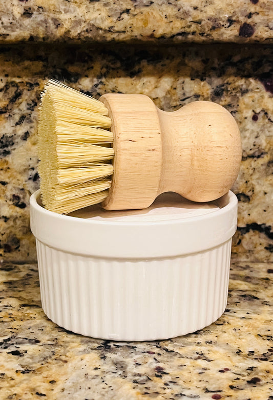 Kitchen Soap in White Ramekin and Bamboo Scrub Brush