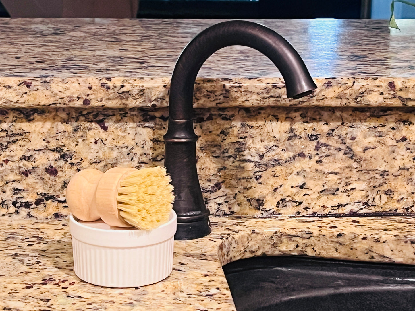 Kitchen Soap in White Ramekin and Bamboo Scrub Brush