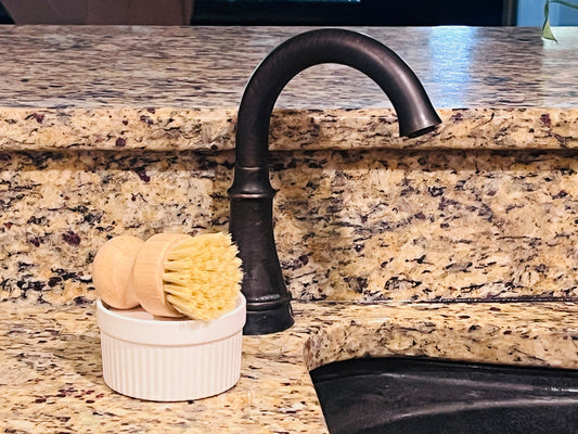 Kitchen Soap in White Ramekin and Bamboo Scrub Brush