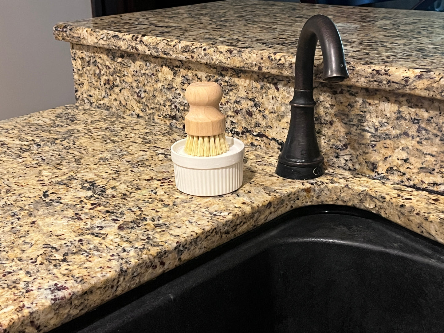 Kitchen Soap in White Ramekin and Bamboo Scrub Brush